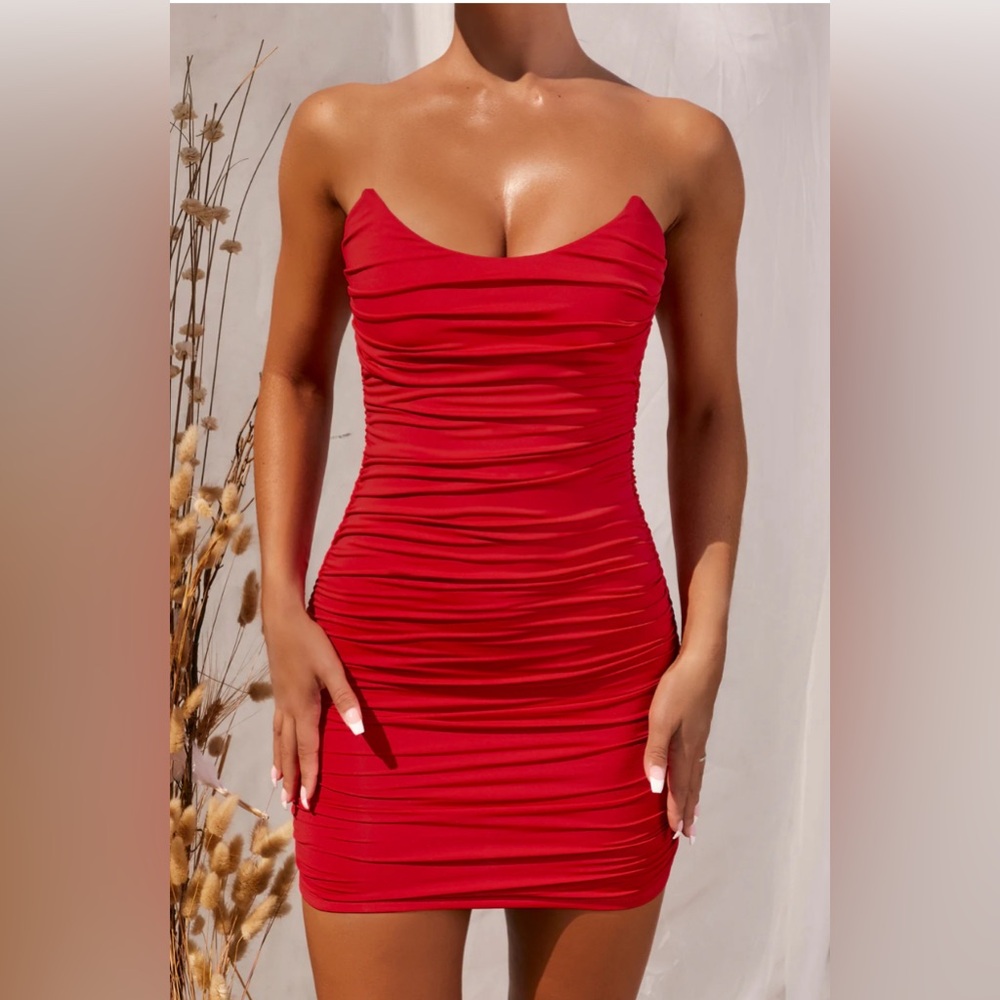 Ruched Bandeau Red Mini Dress